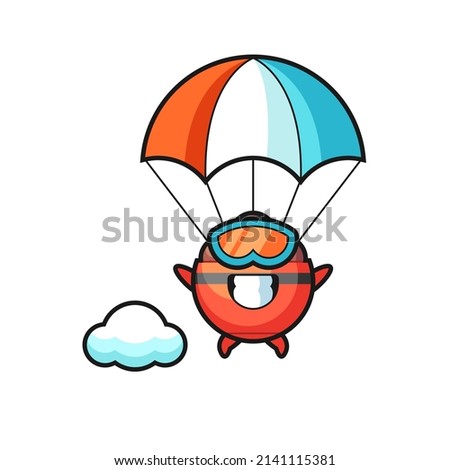 meatball bowl mascot cartoon is skydiving with happy gesture , cute design
