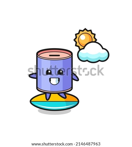 Illustration of cylinder piggy bank cartoon do surfing on the beach , cute design