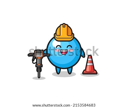 road worker mascot of gum ball holding drill machine , cute design