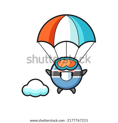 botswana flag badge mascot cartoon is skydiving with happy gesture , cute style design for t shirt, sticker, logo element