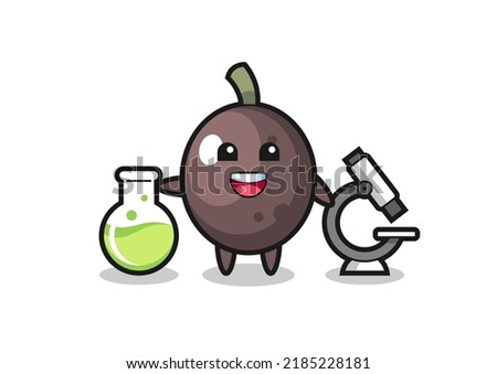 Mascot character of black olive as a scientist , cute style design for t shirt, sticker, logo element
