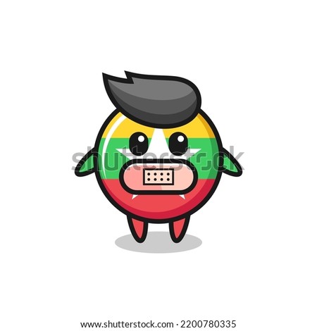 Cartoon Illustration of myanmar flag badge with tape on mouth , cute design