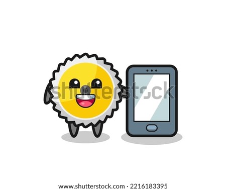 saw blade illustration cartoon holding a smartphone , cute design