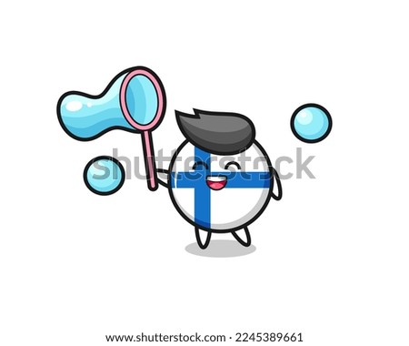 happy finland flag badge cartoon playing soap bubble , cute style design for t shirt, sticker, logo element