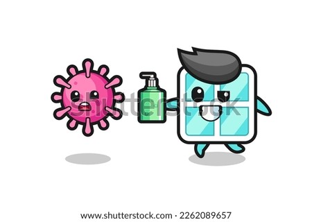 illustration of window character chasing evil virus with hand sanitizer , cute style design for t shirt, sticker, logo element