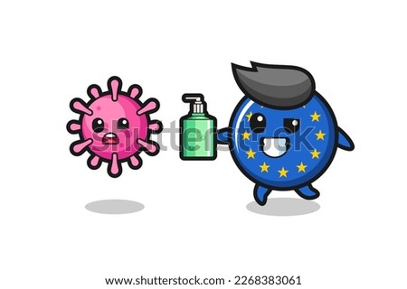 illustration of europe flag badge character chasing evil virus with hand sanitizer , cute style design for t shirt, sticker, logo element