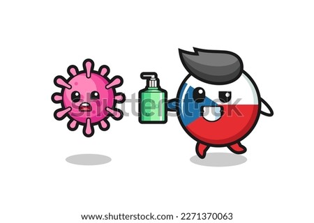 illustration of czech republic flag badge character chasing evil virus with hand sanitizer , cute style design for t shirt, sticker, logo element