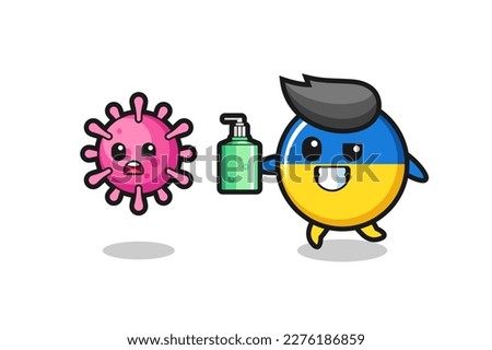 illustration of ukraine flag badge character chasing evil virus with hand sanitizer , cute style design for t shirt, sticker, logo element