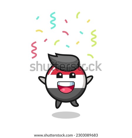 happy yemen flag badge mascot jumping for congratulation with colour confetti , cute style design for t shirt, sticker, logo element