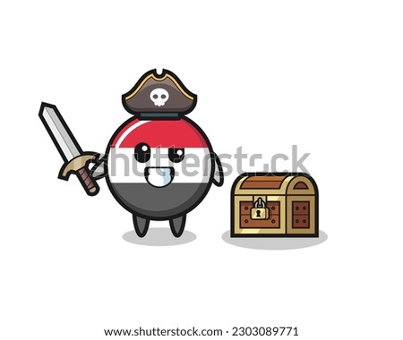 the yemen flag badge pirate character holding sword beside a treasure box , cute style design for t shirt, sticker, logo element