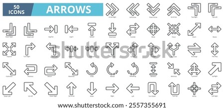 Arrows icon collection set. Containing arrow right, left arrow, down arrow, up arrow, top right, top left, down right, down left icon. Simple line vector