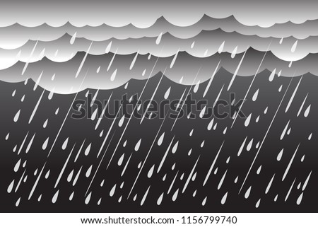Heavy rain in dark sky, rainy season, clouds and storm, weather nature background, Flood natural disaster, vector illustration. 