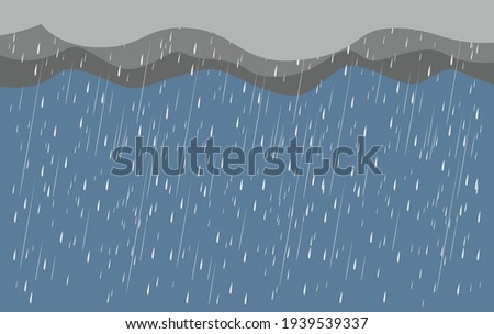 Heavy rain in dark sky, rainy season, clouds and storm, weather nature background, Flood natural disaster, vector illustration. 