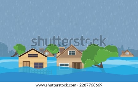 Flood natural disaster with house, heavy rain and storm , damage with home, clouds and rain, flooding water in city, Flooded house.