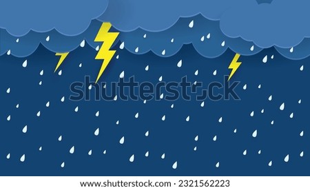 Heavy rain in dark sky, rainy season, clouds and storm, weather nature background, Flood natural disaster, vector illustration.
