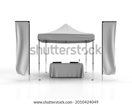 Front view of a Gazebo Tent with Telescopic advertising banner flags and a table cloth with two directors chairs, exhibition display 3d render scene.