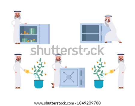 stands at the open safe full of money, the safe is closed. watering a money tree, leaves-dollars. Arab saudi businessman. cartoon character set