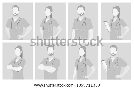 Default placeholder doctor half-length portrait photo avatar.  Gray color 