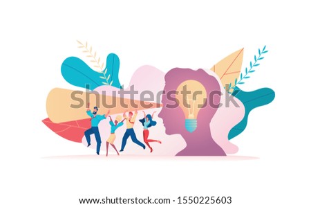 Big boss head light bulb. Light from eyes indicates path of development and new ideas. Metaphor of search for ideas. Concept leader CEO makes the right decision finds an idea. Vector flat illustration