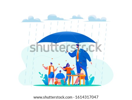 Big CEO boss hold huge umbrella in rain. metaphor of office people under protection of leader. concept of safety at work, caring, relaxed atmosphere, benefits for staff. Flat vector illustration