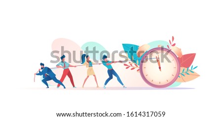 group of businessmen resist deadline. People pull clock hands on rope. metaphor of time management in team. concept of multitasking, performance, timeline. Vector flat illustration