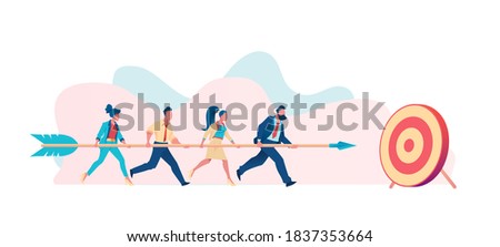 Business team carries huge arrow to goal. Metaphor for common cause. Leader leads team towards common goal concept. Flat vector illustration