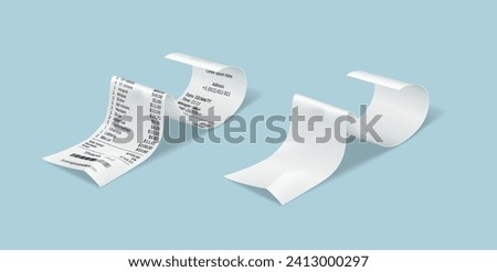 Paper bills realistic vector illustration set. Blank and filled receipts for purchases in shop. Financial documents 3d elements on light blue