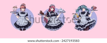 Maid cafe girls in uniforms round vector avatars set. Lovely anime women holding trays with cakes and drinks round logos on pink background