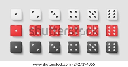 Gambling dices with dot numbers realistic vector illustration set. White red and black gaming cubes 3d models on white background. Risky playing