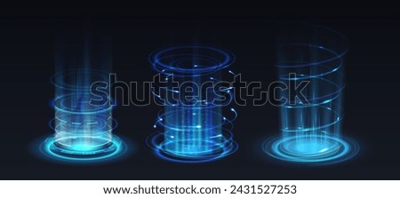 Level up in video-game realistic vector illustration set. Flashing light effects of portals 3d elements on black background. Technology template