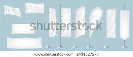 White blank textile desktop check box flags realistic vector illustration set. Fabric advertising banners of various shapes 3d models on blue background