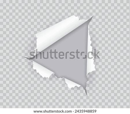 Hole in torn paper rolled on grey backdrop realistic vector illustration. Damaged sheet with curves edges 3d object on transparent background