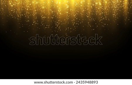 Dazzling golden glitter falling down realistic vector illustration. Brightly sparkling shimmer shower 3d design. Award ceremony decorative background