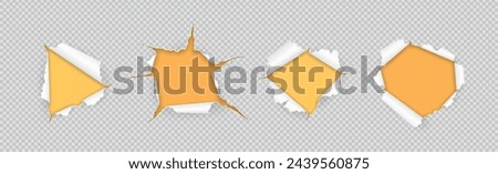 Irregular holes in torn papers over yellow realistic vector illustration set. Borders of ripped up sheets 3d objects on transparent background