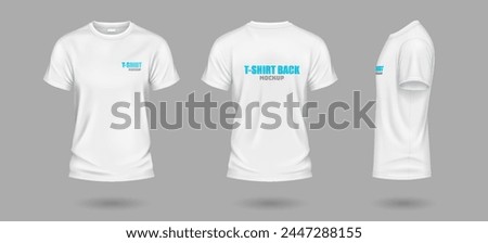 White t-shirts with copy space realistic vector illustration set. Casual apparel with print mockup template 3d objects on grey background