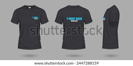Black t-shirts with copy space realistic vector illustration set. Casual apparel with print mockup template 3d objects on grey background