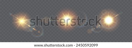 Sunlight glare effects realistic vector illustration set. Sunbeams natural flare. Sun rays light 3d elements on transparent background