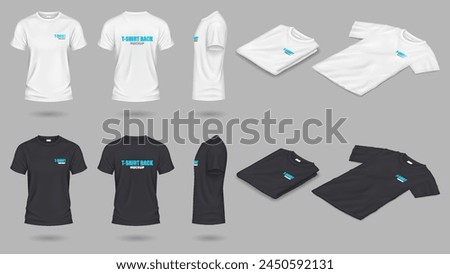 Black and white mockup t-shirts realistic vector illustration set. Casual clothes with brand design template 3d objects on grey background