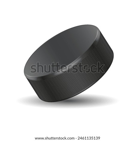 Black hockey puck realistic vector illustration. Winter team sport equipment design. Ice rink game 3d object on white background