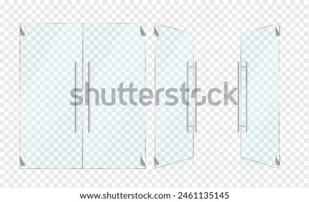 Double glass doors with chrome handles realistic vector illustration set. Modern office entryway barrier 3d objects on white background