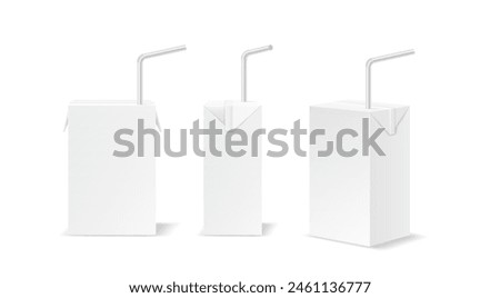 Small copy space boxes of drink with straws realistic vector illustration set. Personal beverage carton packs 3d objects on white background