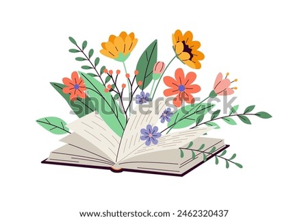 Open book with blooming wild flower sand leaves 2D cartoon objects. Power of reader imagination isolated line vector elements white background