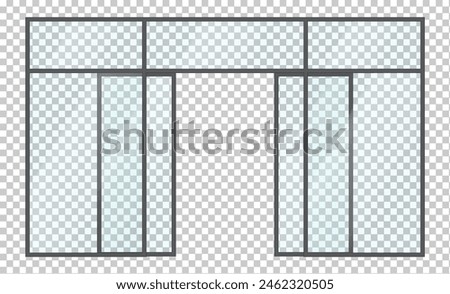 Glass window case of store facade with open door realistic vector illustration. Architecture element 3d object on transparent background