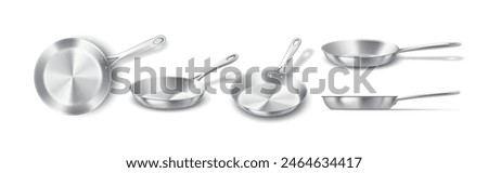 Frying pans of shiny steel realistic vector illustration set. Steel fry pans design. Modern kitchenware 3d objects on white background