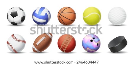 Balls for various sports games realistic vector illustration set. Exercising inventory for sportsmen 3d objects on white background