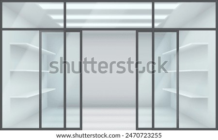 Shop window case with open glass door realistic 3d illustration. Commercial office design. Store front view exterior color vector background