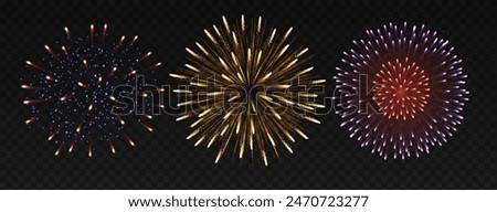 Festive fireworks in night sky realistic vector illustration set. Awe explosions for holiday event 3d elements on transparent background