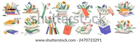 Books with spring and summer flowers 2D cartoon objects set. Literature and blossom isolated line vector elements white background