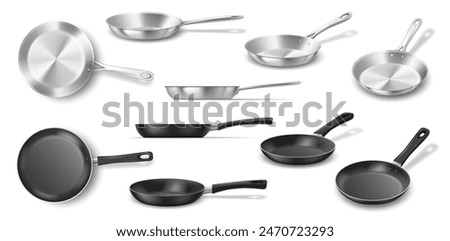 Non stick and stainless frying pans realistic vector illustration set. Food cooking equipment design. Kitchenware 3d objects on white background