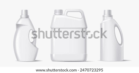 Liquid detergents bottles with design mockup and handles realistic vector illustration set. Blank containers 3d objects on white background